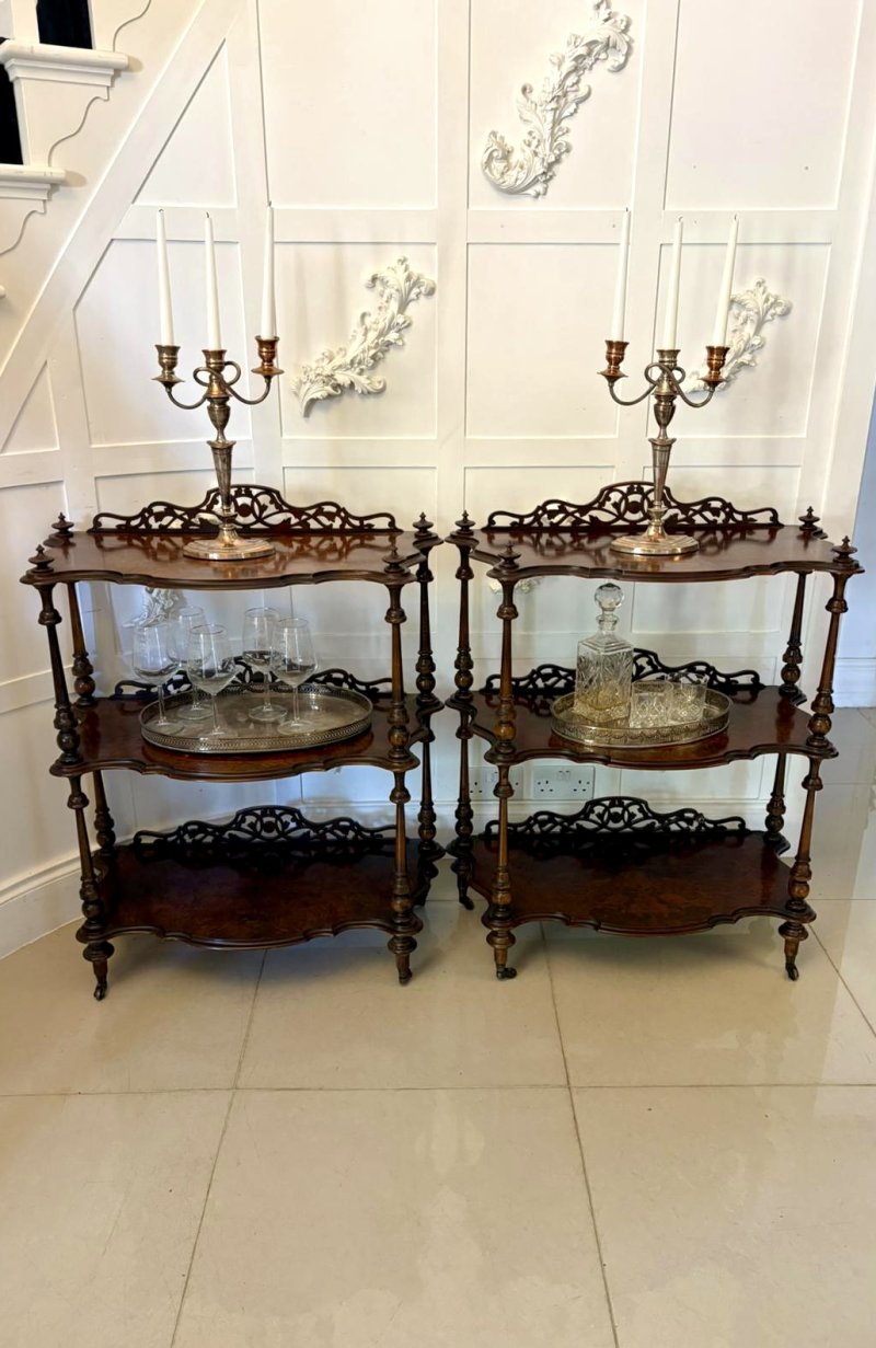 Unusual Pair of Antique Victorian Quality Burr Walnut Whatnots - Image 4